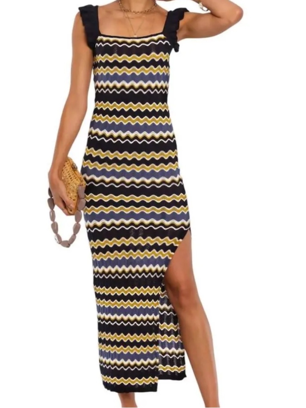 Heartloom Navy and Yellow Zigzag Maxi Dress with Ruffle Straps